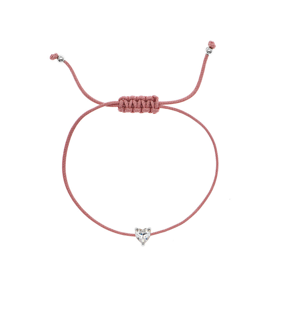Rose Pink White CZ Heart Solitaire Braided Cord B2971