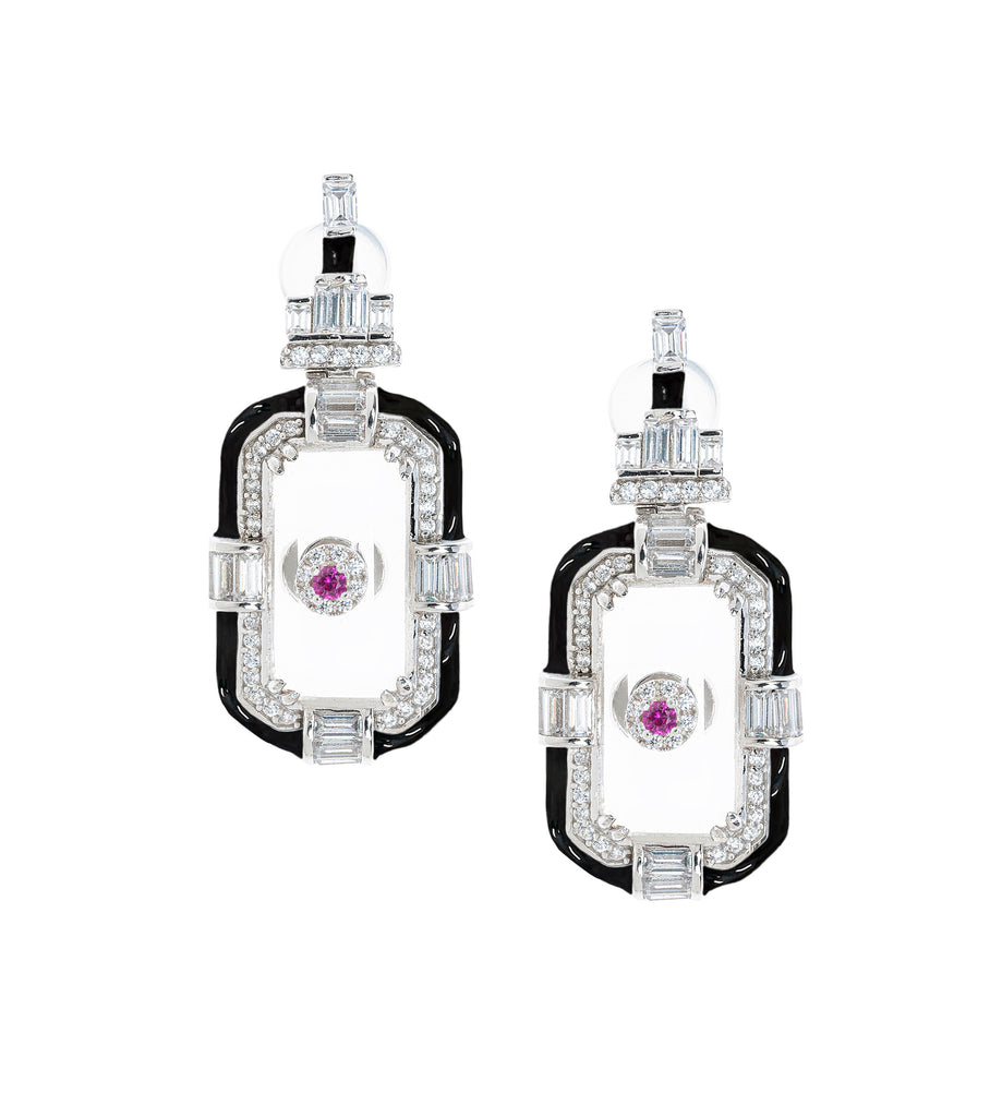 أقراط من الكريستال بإطار من المينا الأسود مع زركونيا مكعبة حمراء