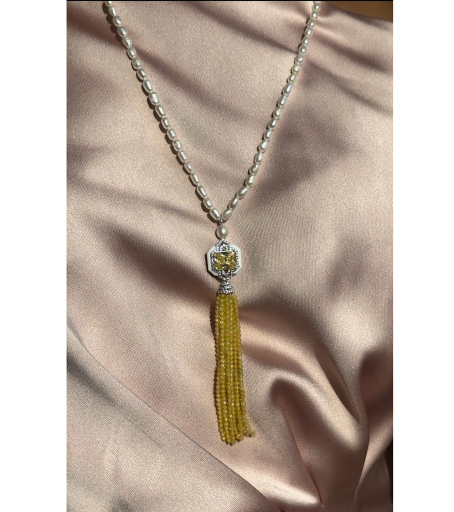 Yellow Beaded Tassel Long Necklace