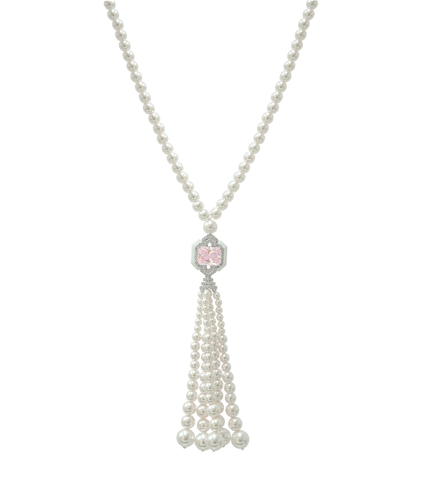 Brass Shell Pearl with Pink Rectangular CZ Tassel Necklace