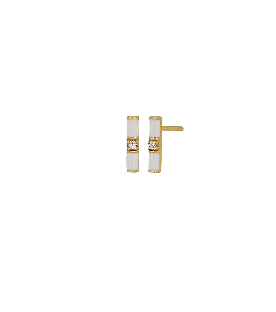 Bright White Enamel CZ Segment Bar Stud Earring