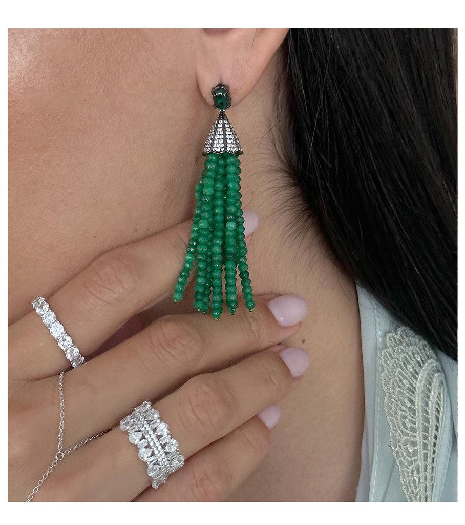 Brass with Bow Knot Green Tassel Earrings