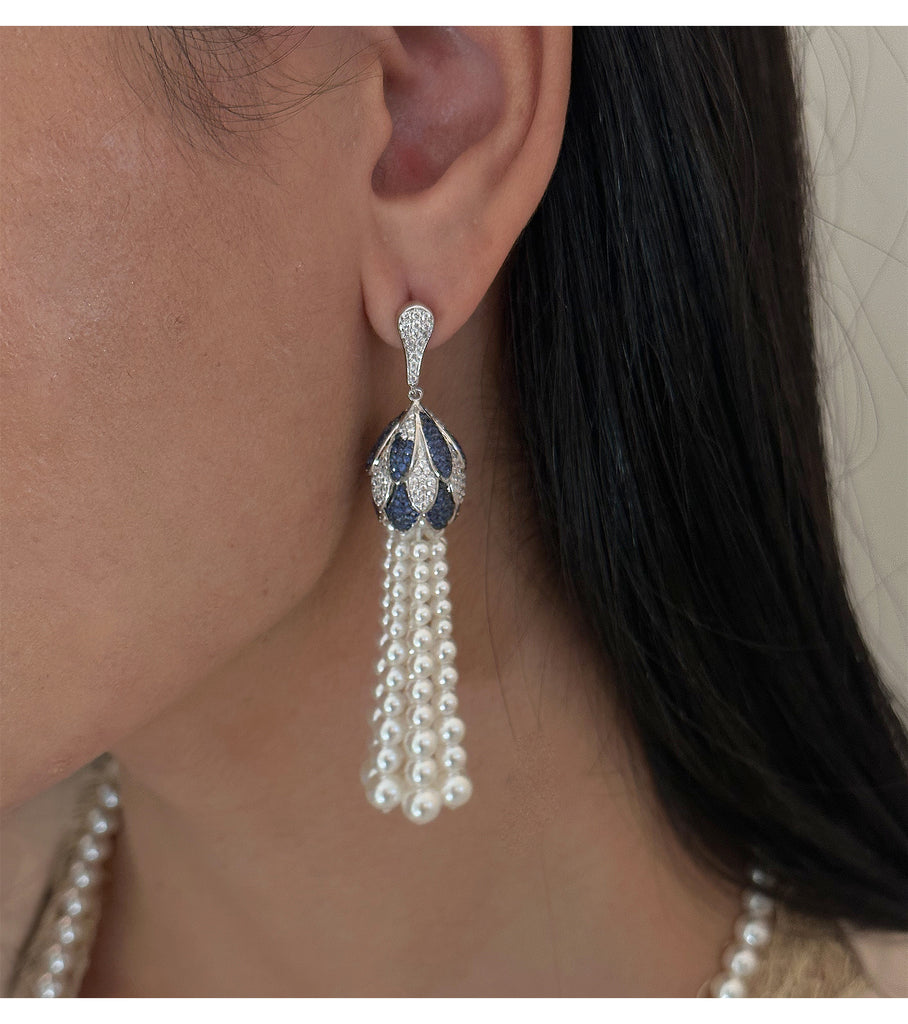 Brass Shell Pearl with Blue CZ Earrings