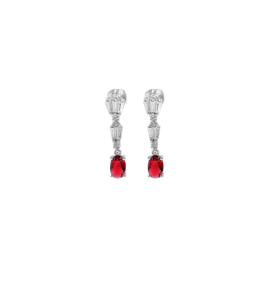 Baguette Drop with Red CZ Oval Earrings