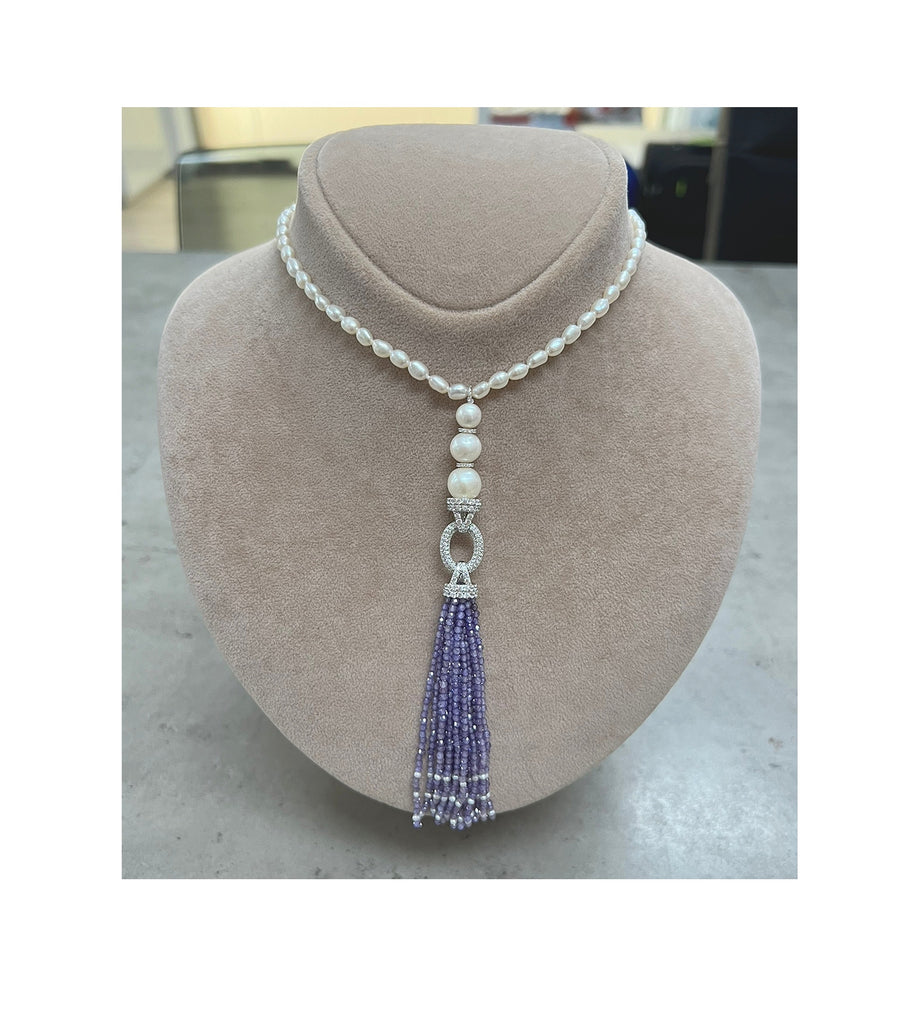 Pearl Necklace with Purple Nano Tassel