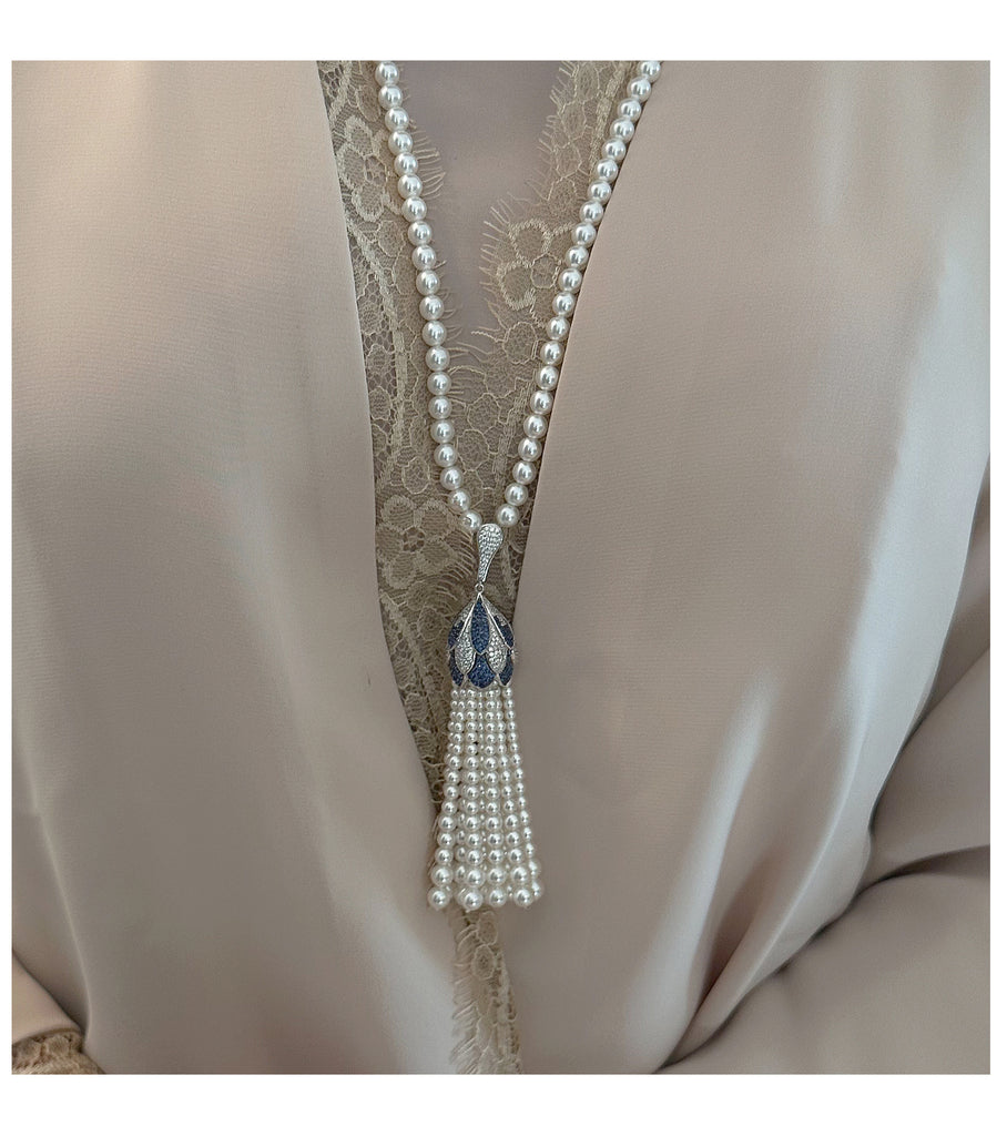 Brass Shell Pearl with Blue CZ Necklace