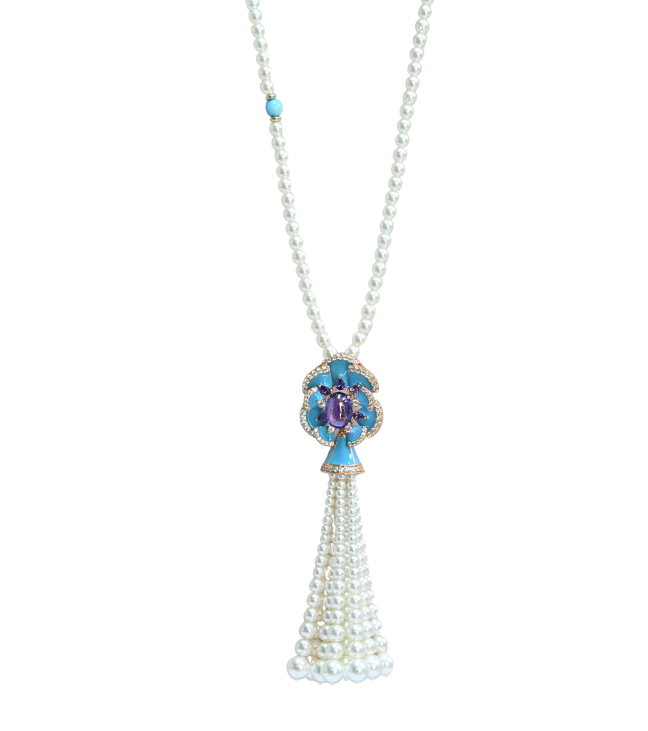 Brass Purple CZ Blue Petal Bloom Tassel Long Necklace