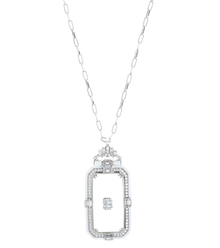 Crystal Glass White Enamel framed necklace