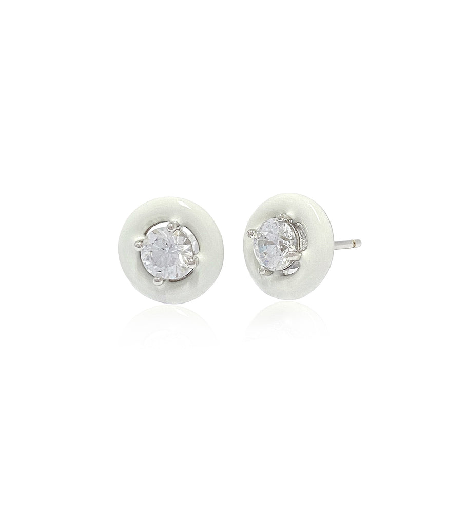 White Enamel with CZ Earring أقراط مستديرة من معدن المينا أبيض وفصّ زركون