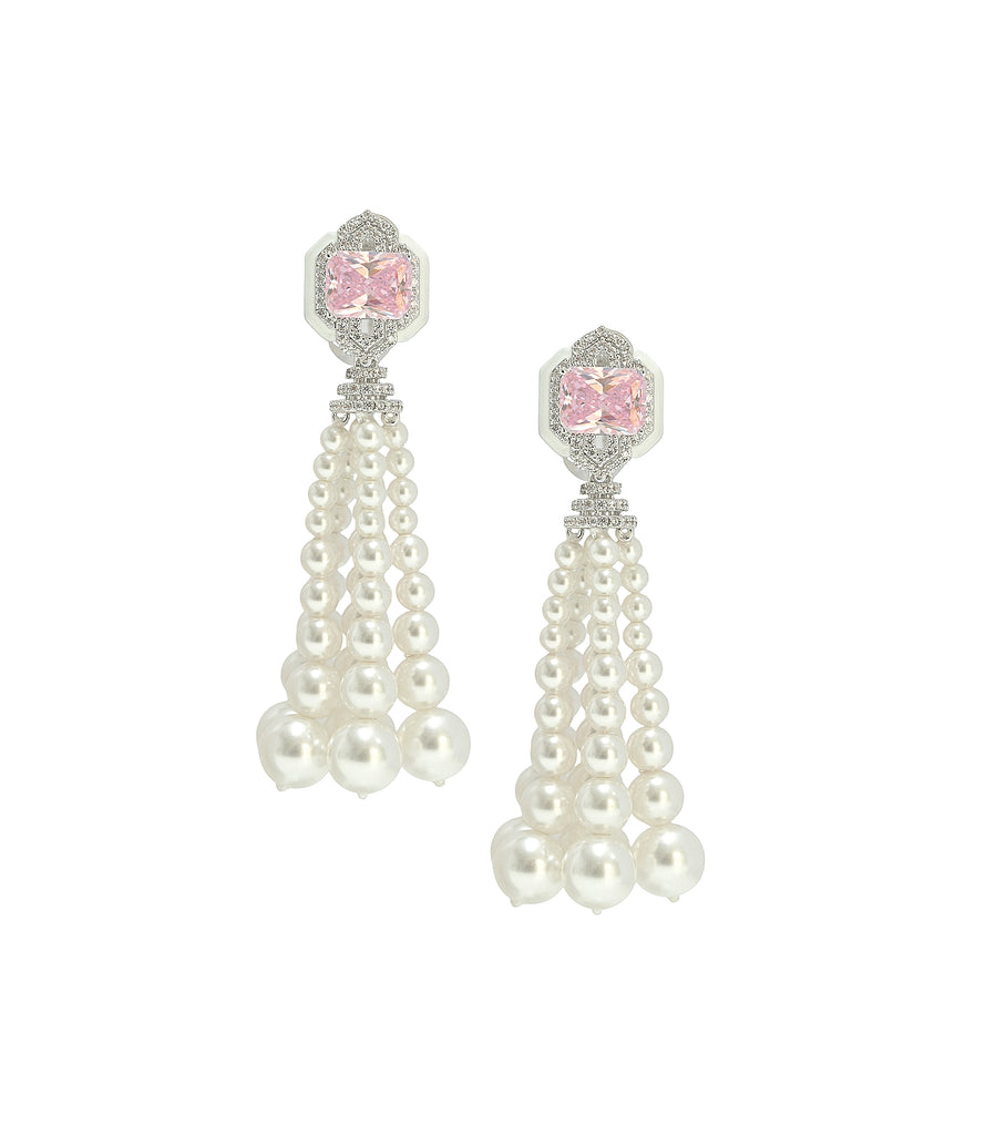 Brass Shell Pearl with Pink Rectangular CZ Tassel Earring