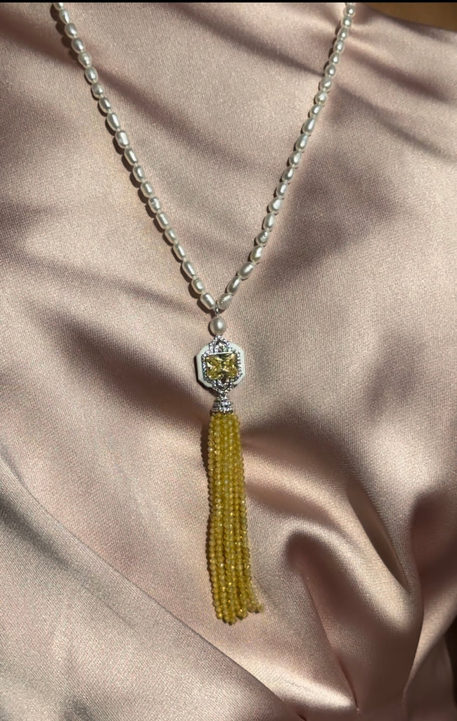 Yellow Beaded Tassel Long Necklace