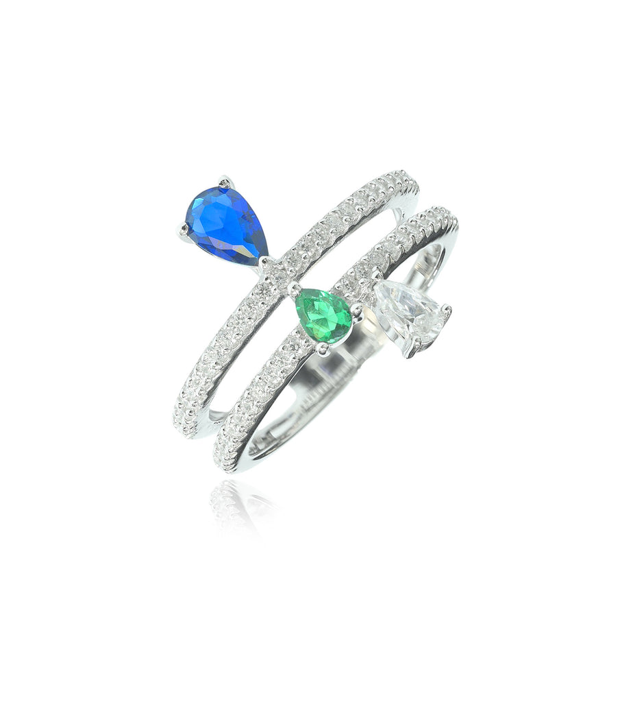 Adjacent Blue and Green CZ Drops Ring