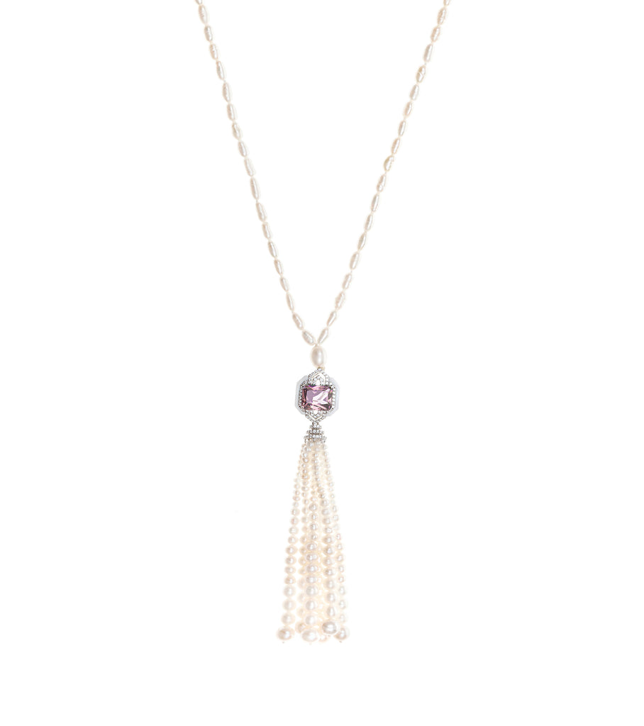 Pink Rectangular CZ Tassel Necklace