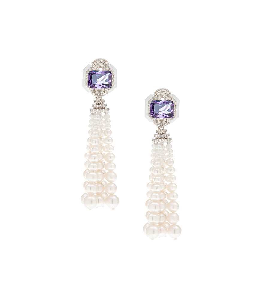 Purple Rectangular CZ Tassel Earring أقراط مزيّنة بفصّ زركون أرجواني وشرّابات لؤلؤ زراعي
