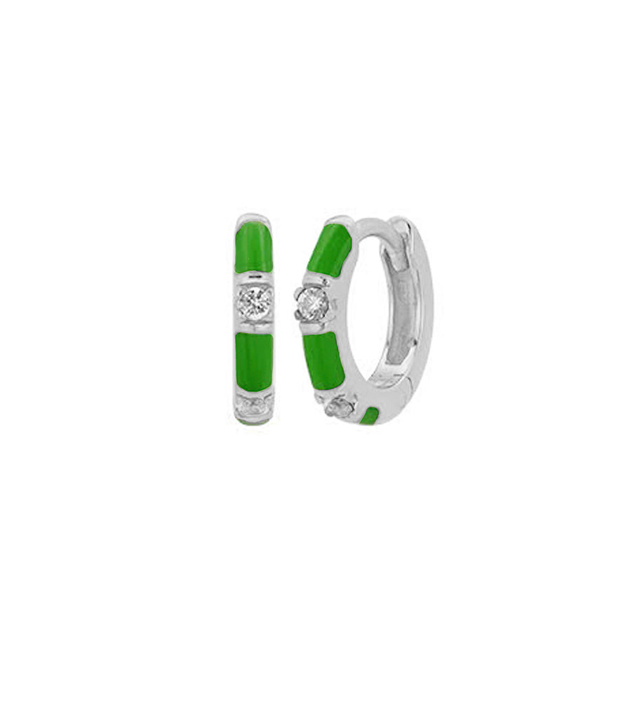 Green Pave Enamel CZ Bar Huggie Hoops