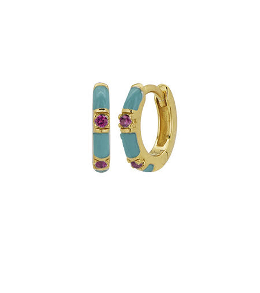 Cyan with Red CZ Pave Enamel Bar Huggie Hoops