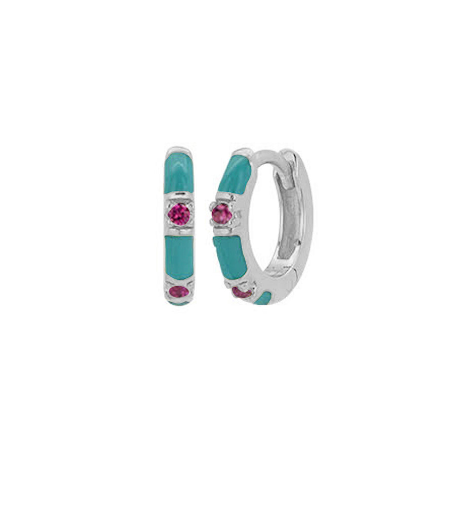 Cyan with Red CZ Pave Enamel Bar Huggie Hoops