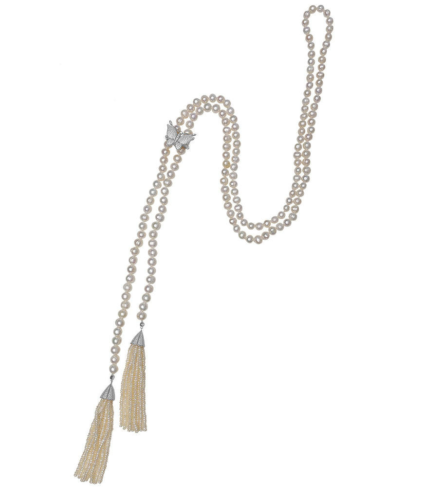 Pearl Double Tassel Necklace with Butterfly Clasp