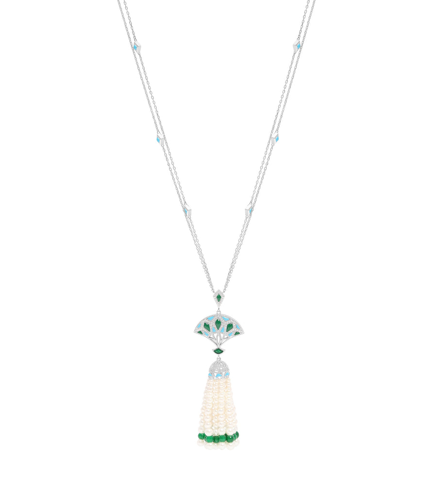 Pearl with green Tassel Long Necklace