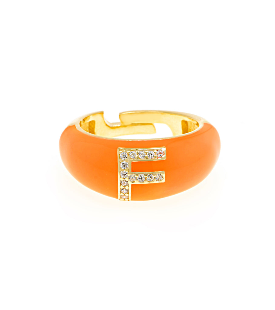 Letter F Orange Enamel Adjustable Ring خاتم قابل للتعديل من معدن المينا برتقالي حرف أجنبي F
