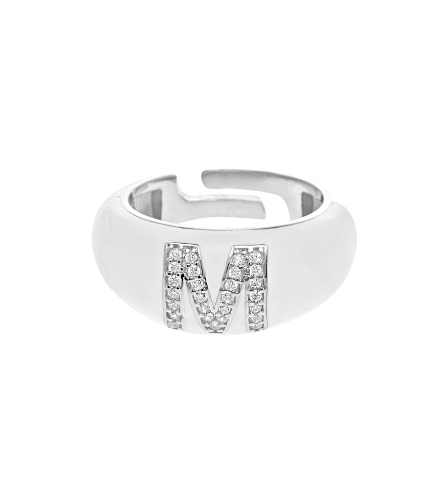 Letter M White Enamel Adjustable Ring