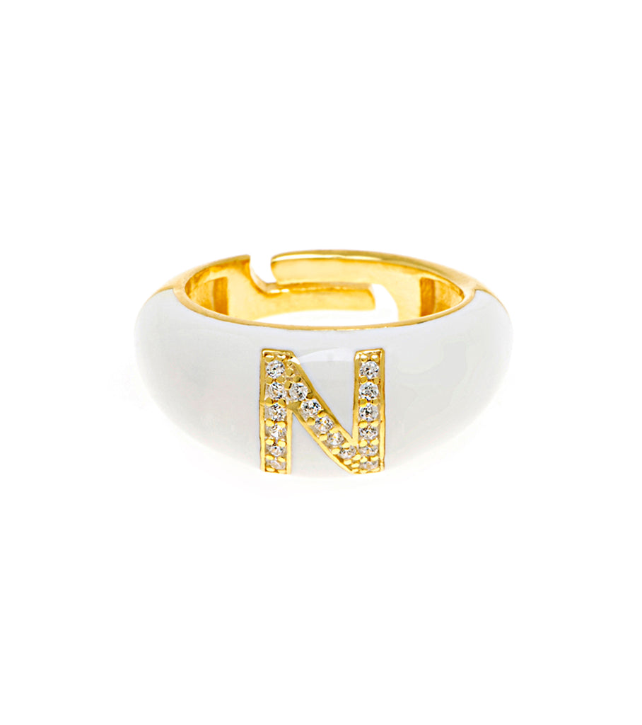 Letter N White Enamel Adjustable and Pinky Ring خاتم قابل للتعديل من معدن المينا أبيض حرف أجنبي N