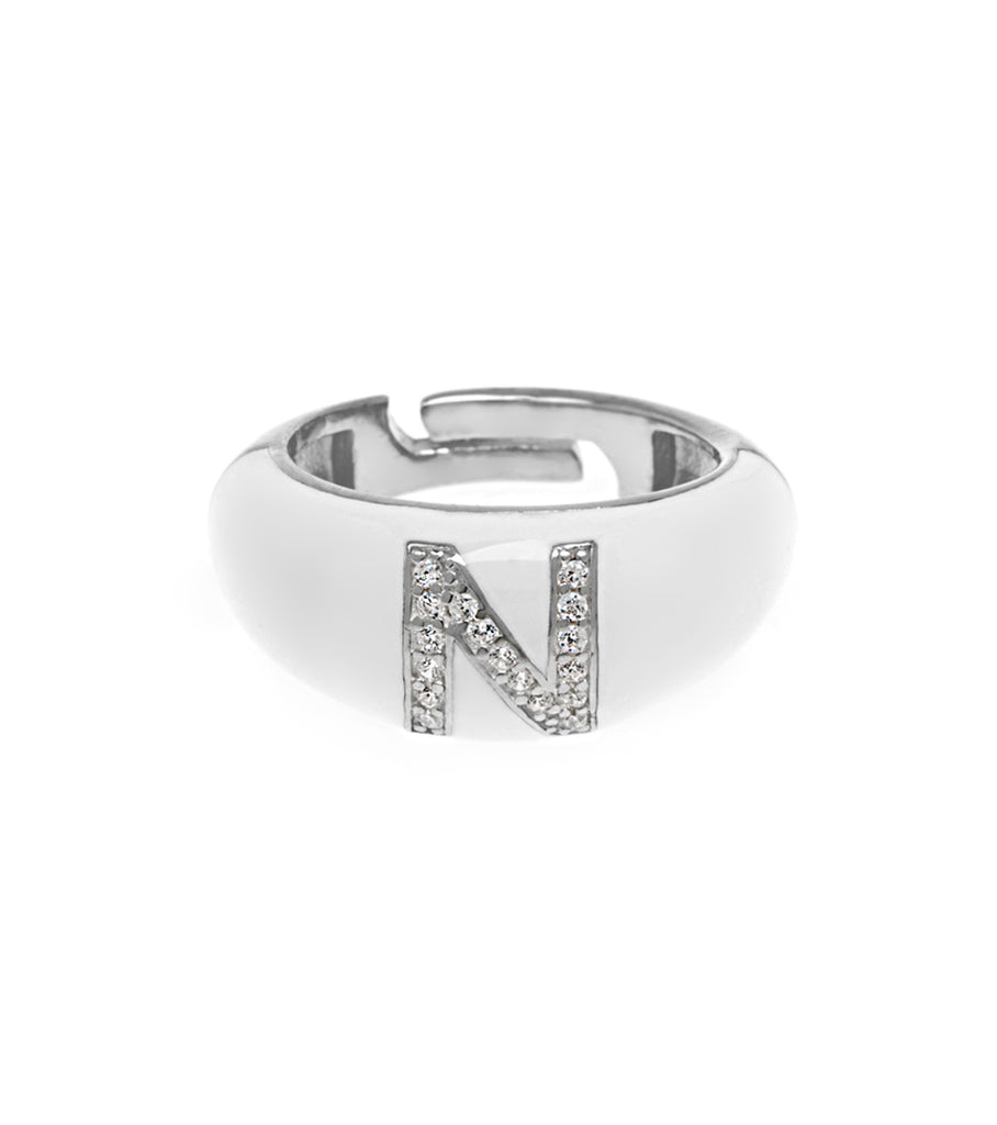 Letter N White Enamel Adjustable and Pinky Ring