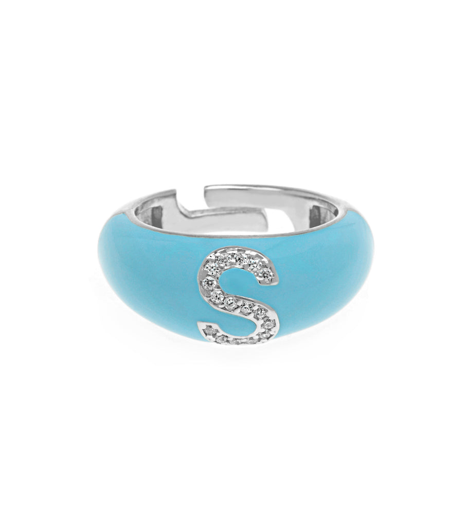 Letter S Light Blue Enamel Adjustable and Pinky Ring