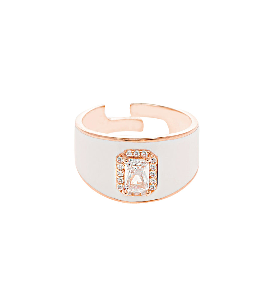 White Enamel with Baguette CZ Adjustable Ring
