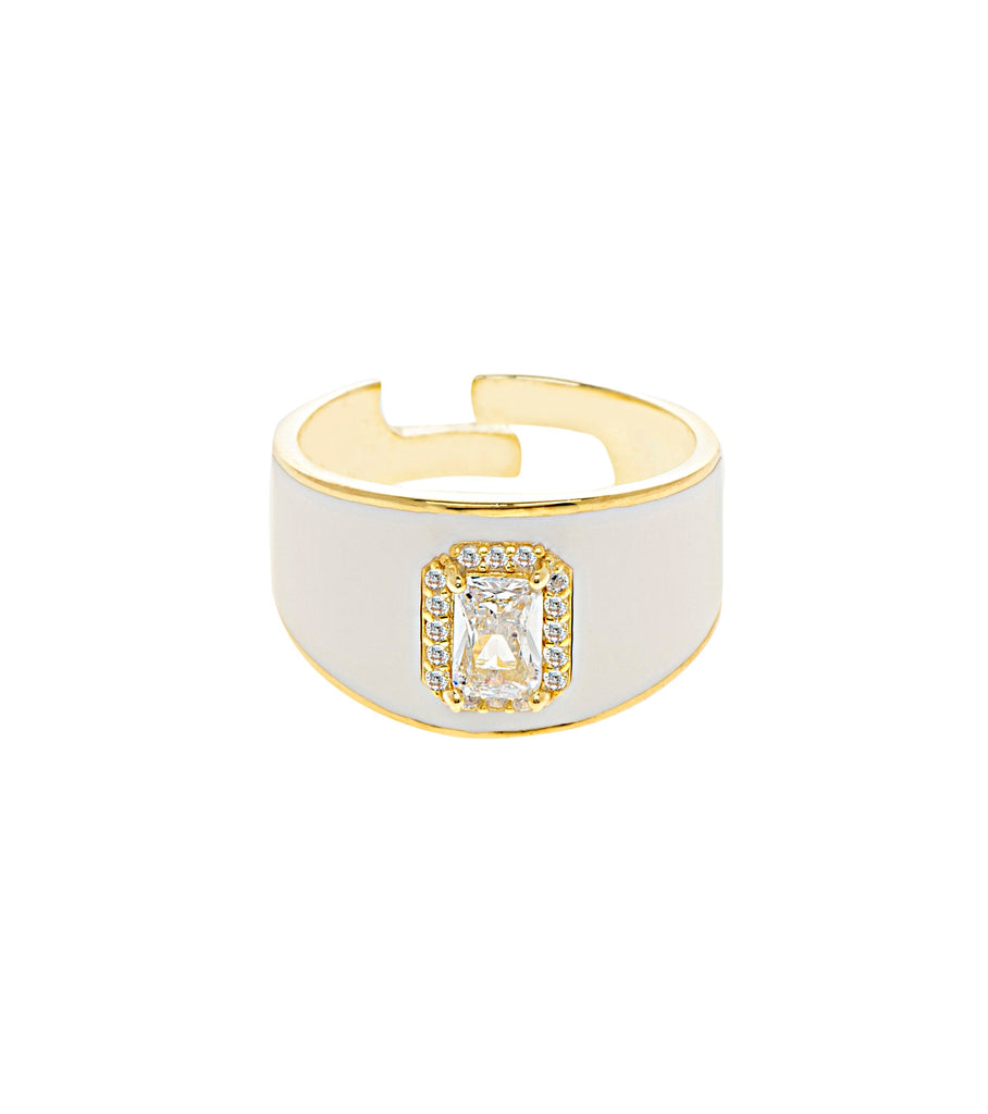 White Enamel with Baguette CZ Adjustable Ring خاتم قابل للتعديل مزيّن بمعدن المينا أبيض وزركون مربّع