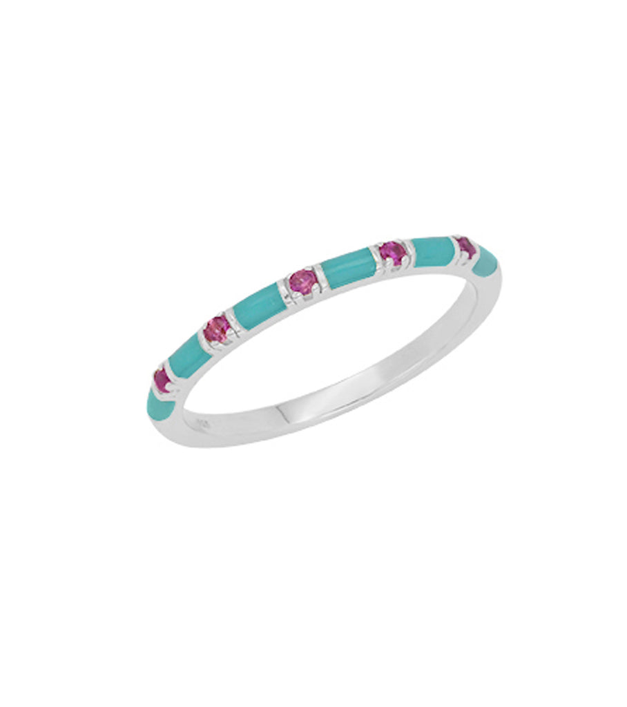 Cyan with Red CZ Pave Enamel Bar Stacking Ring