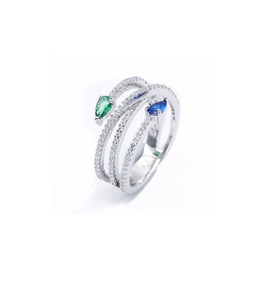 Crossover Ring with Colored Drop Ends خاتم بتصميم ملفوف مع دمعتين زركون أخضر وأزرق
