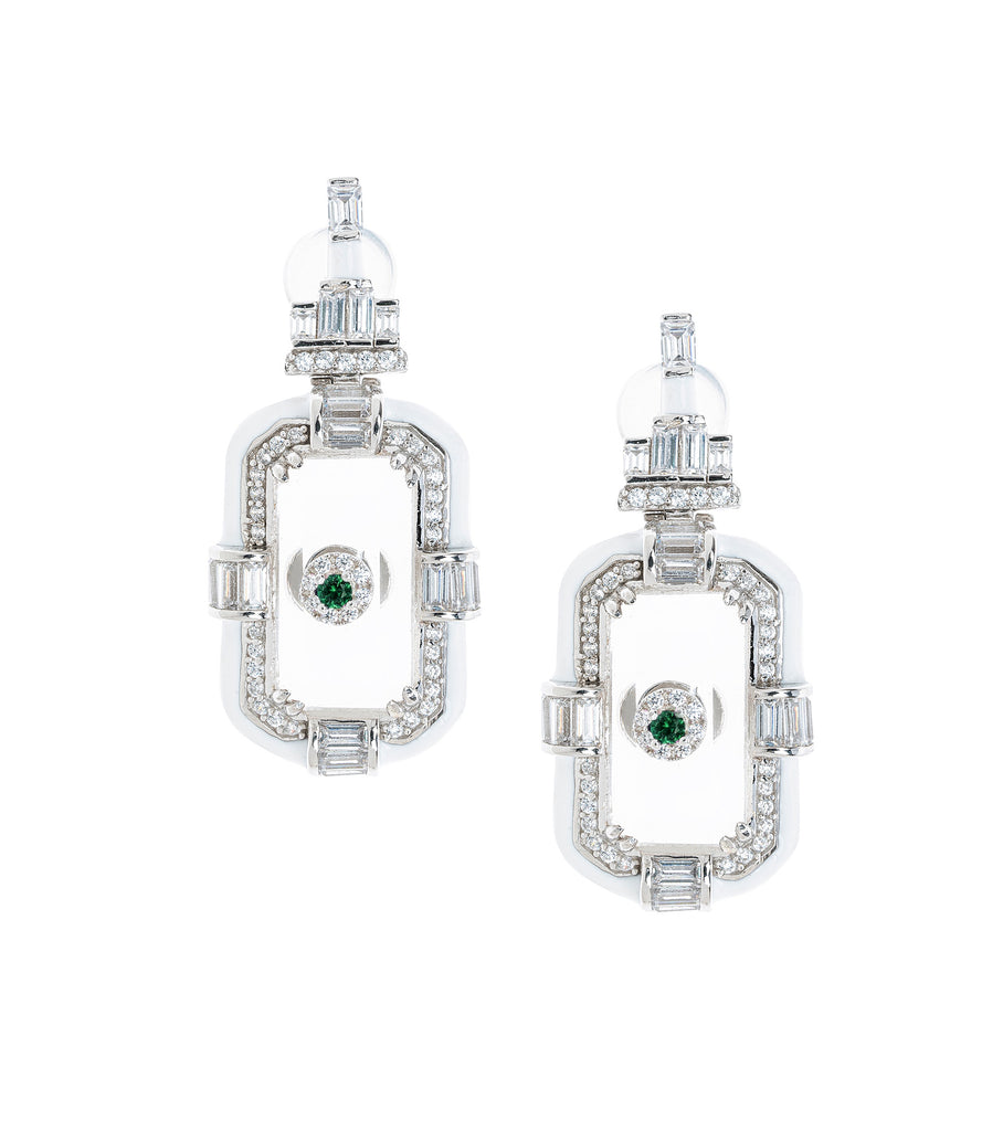 Green Stone Earring E2556 أقراط كريستال مستطيلة بمعدن المينا أبيض وزركون أخضر