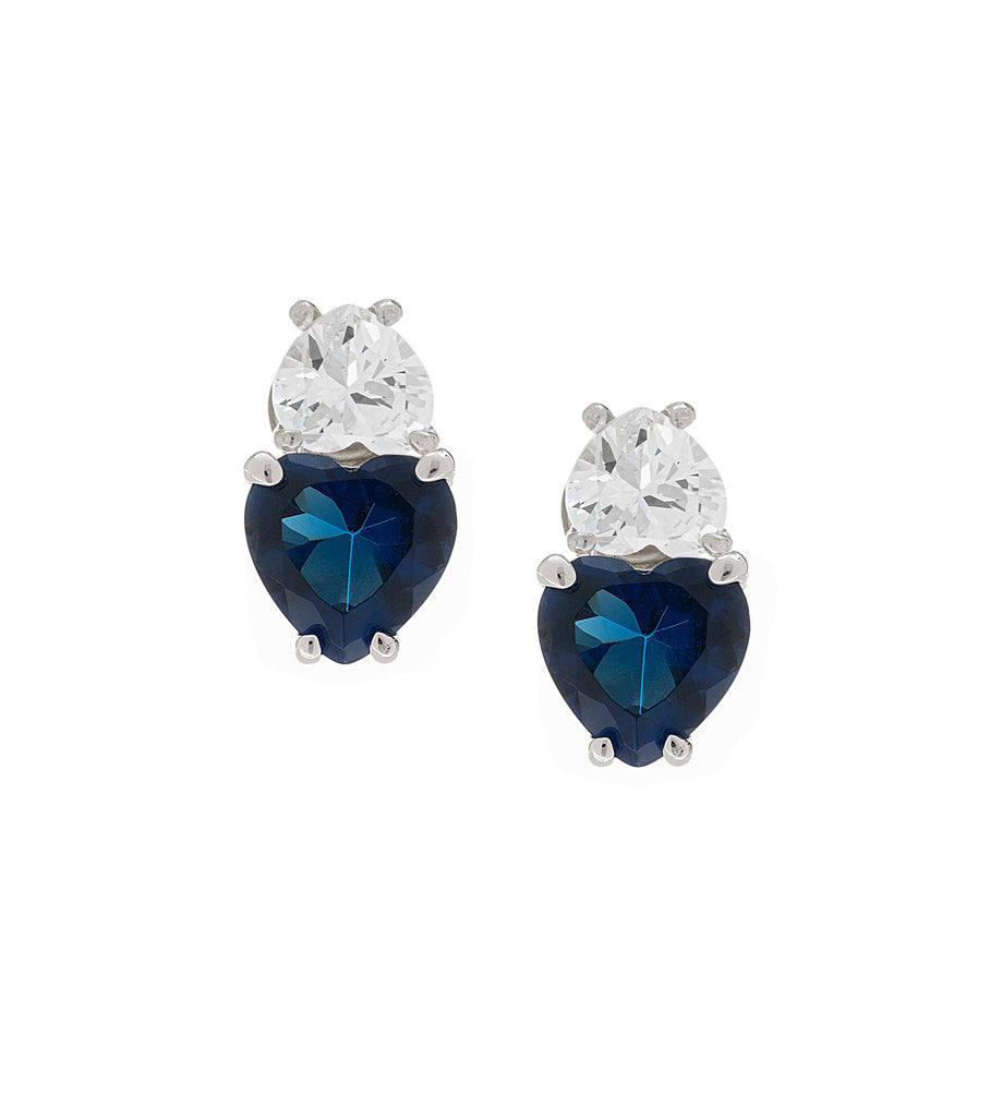 Dark Blue CZ Heart Stud Earring حلق مزيّن بفصّي زركون تصميم قلب شفاف وأزرق غامق