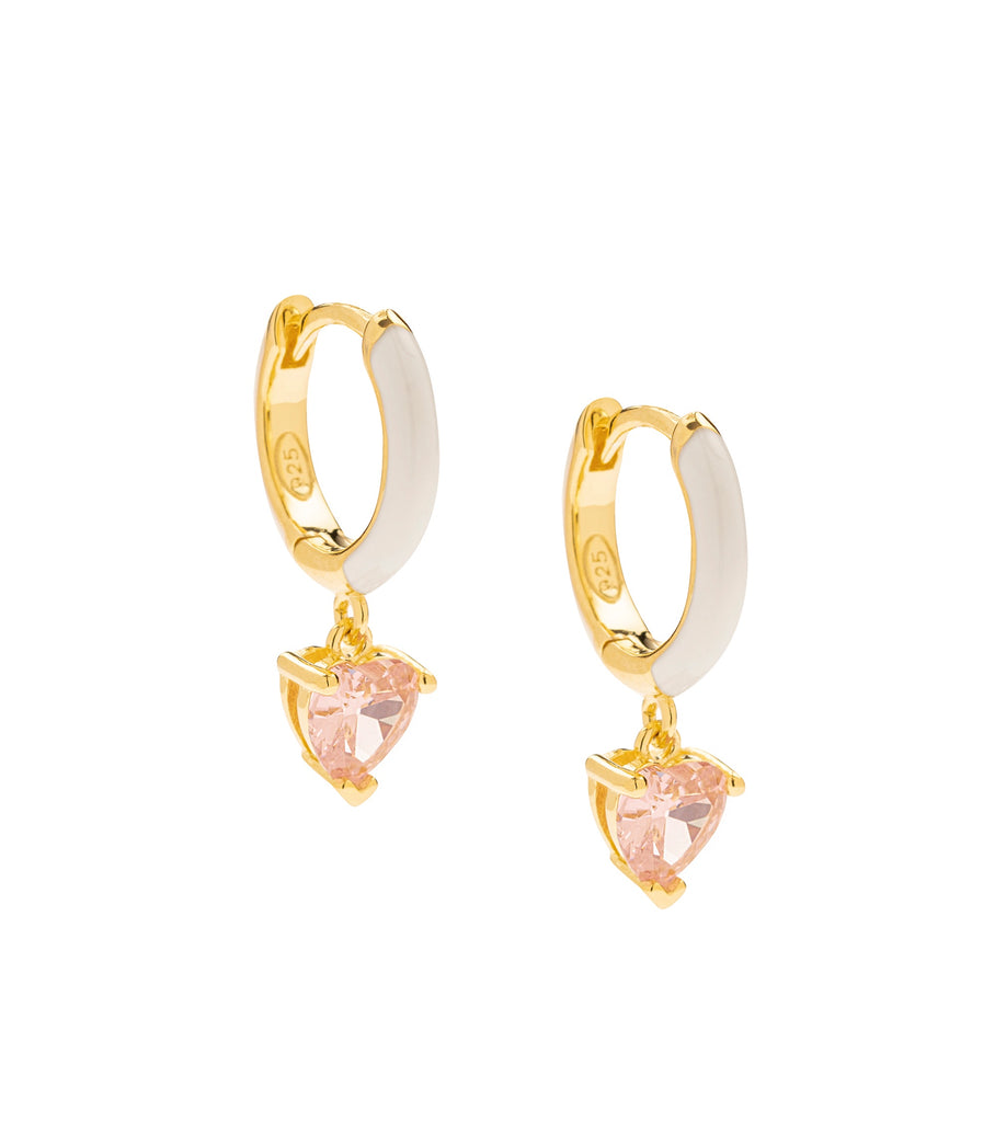 Heart pink stone white enamel hoop earring حلق بمعدن المينا لون أبيض ومزيّن بقلب وردي