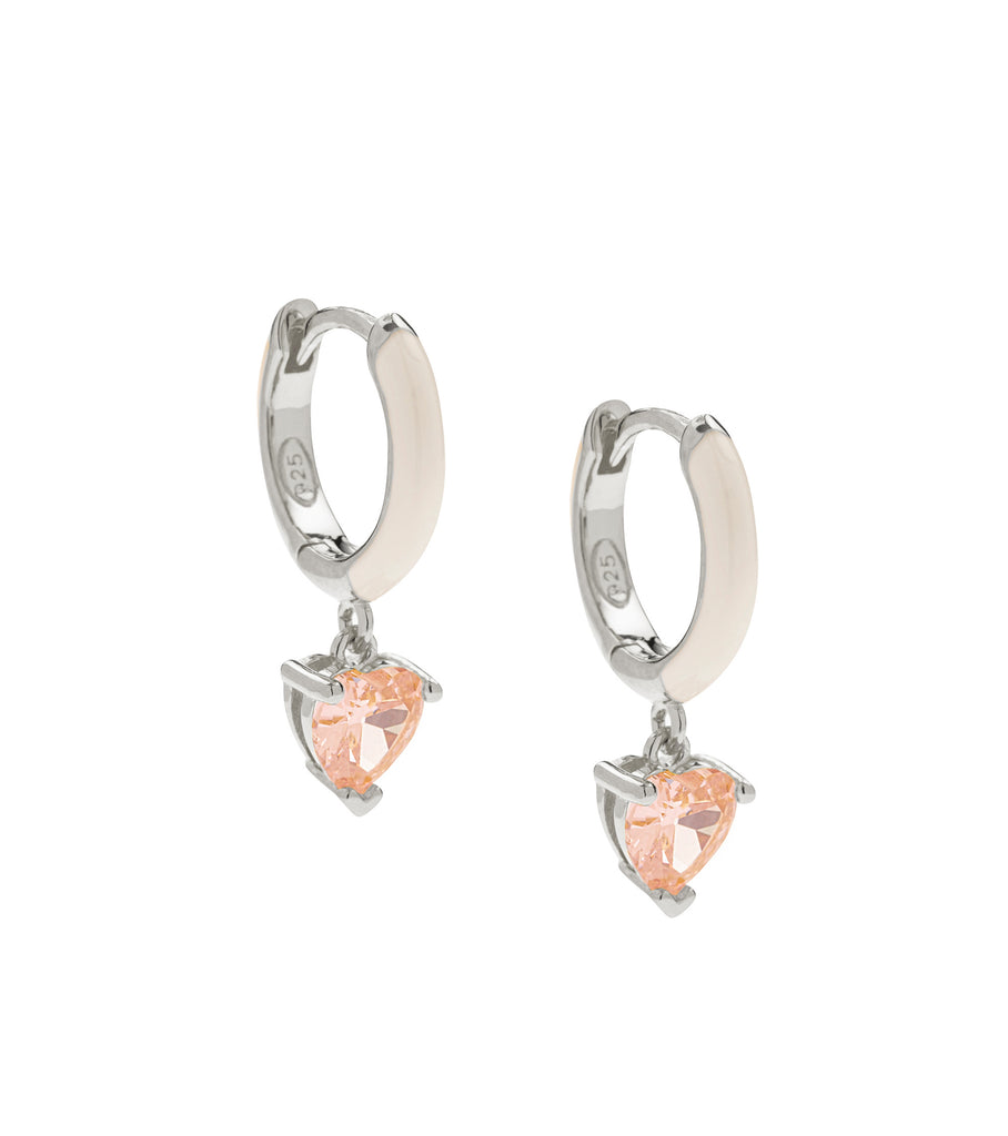 Heart pink stone white enamel hoop earring