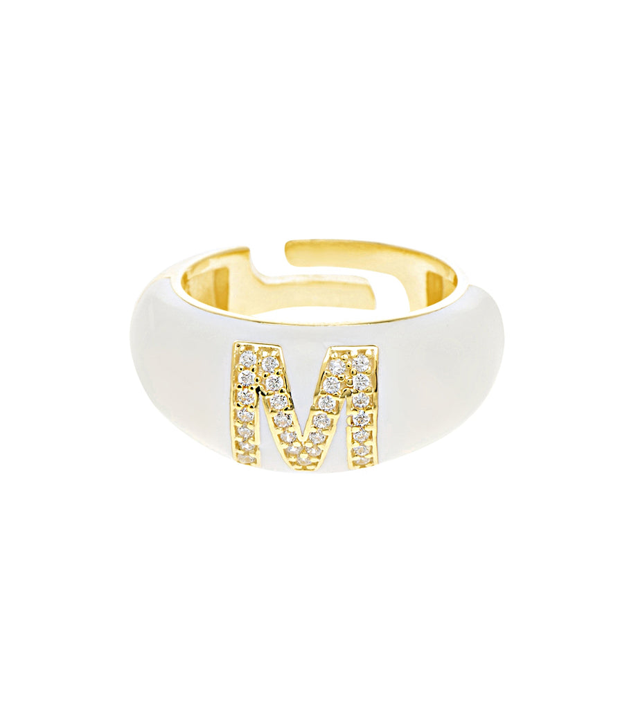 Letter M White Enamel Adjustable Ring خاتم من معدن المينا أبيض حرف أجنبي  M