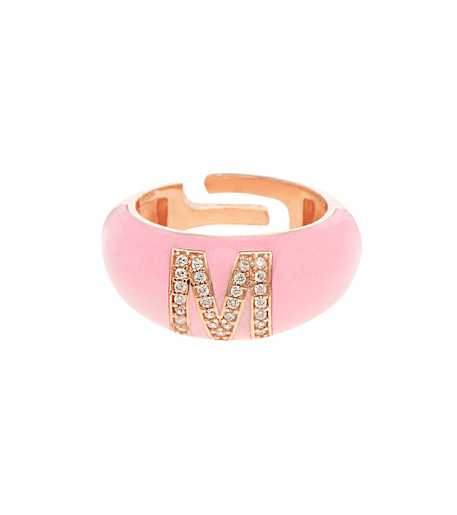 Letter M Pink Enamel Adjustable Ring  خاتم قابل للتعديل من معدن المينا وردي وحرف أجنبي زركون M