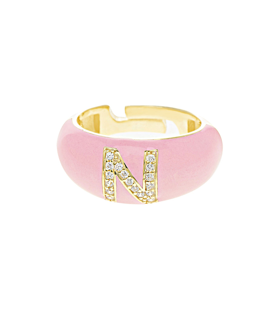 Letter N Pink Enamel Adjustable Ring