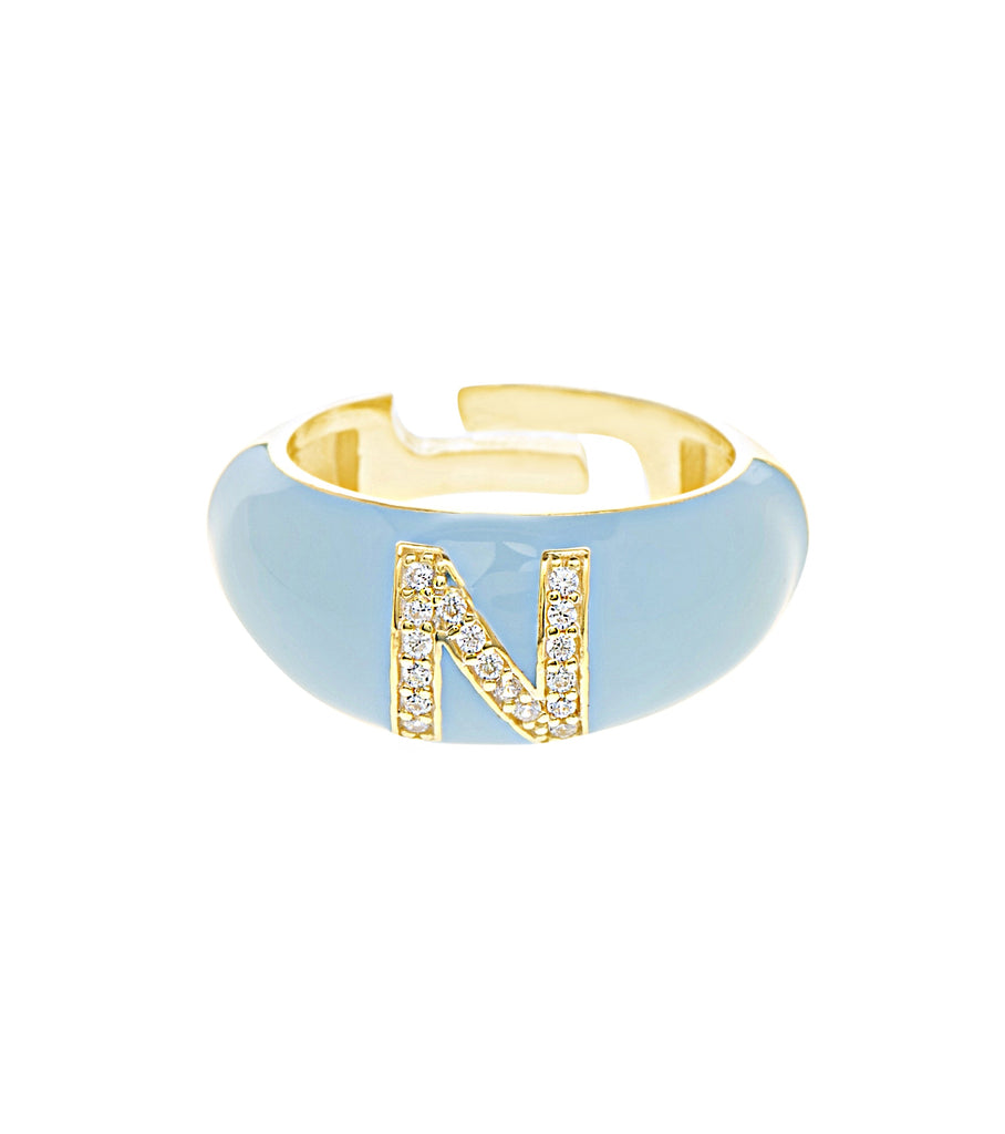 Letter N Light Blue Enamel Adjustable Ring