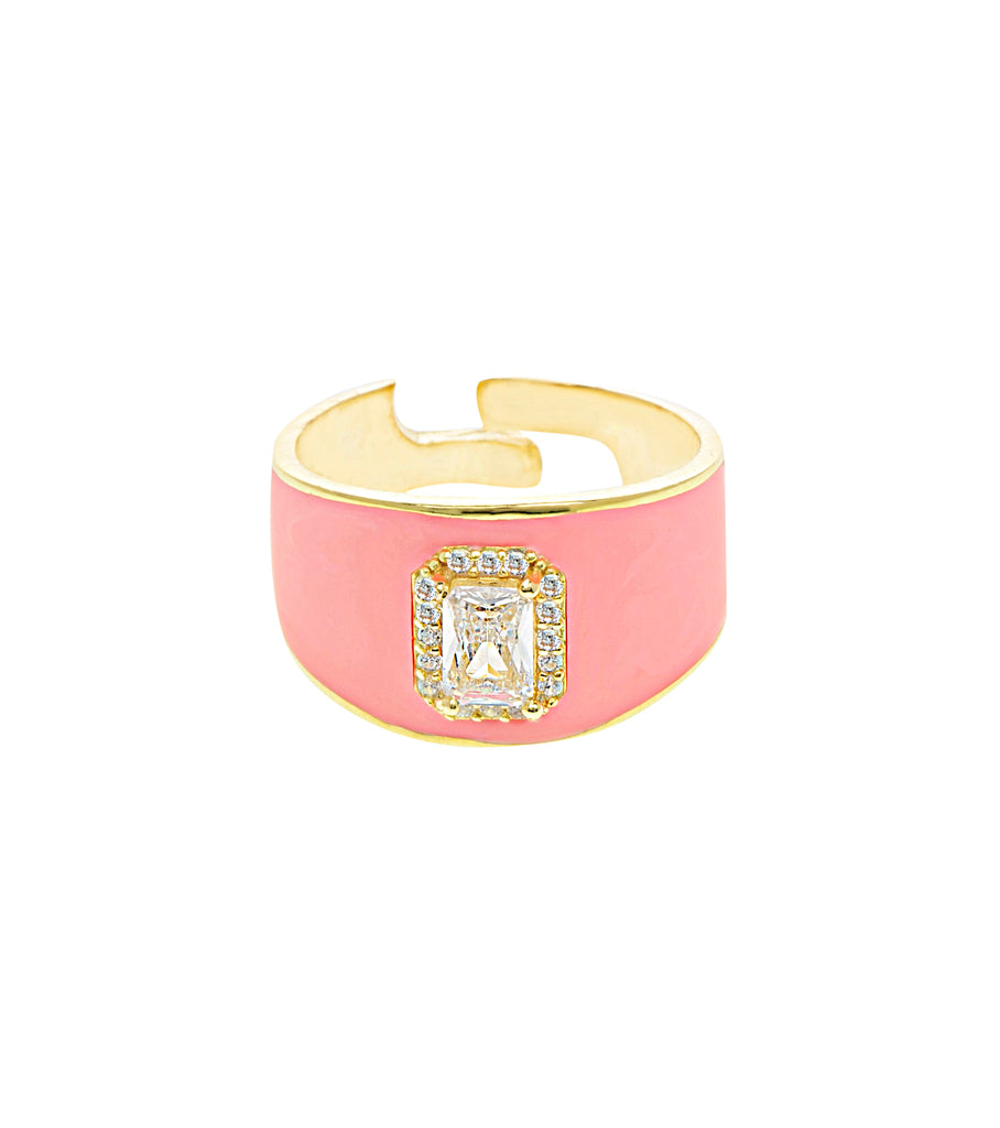 Pink Enamel with Baguette CZ Adjustable Ring خاتم قابل للتعديل مزيّن بمعدن المينا وردي وزركون مربّع