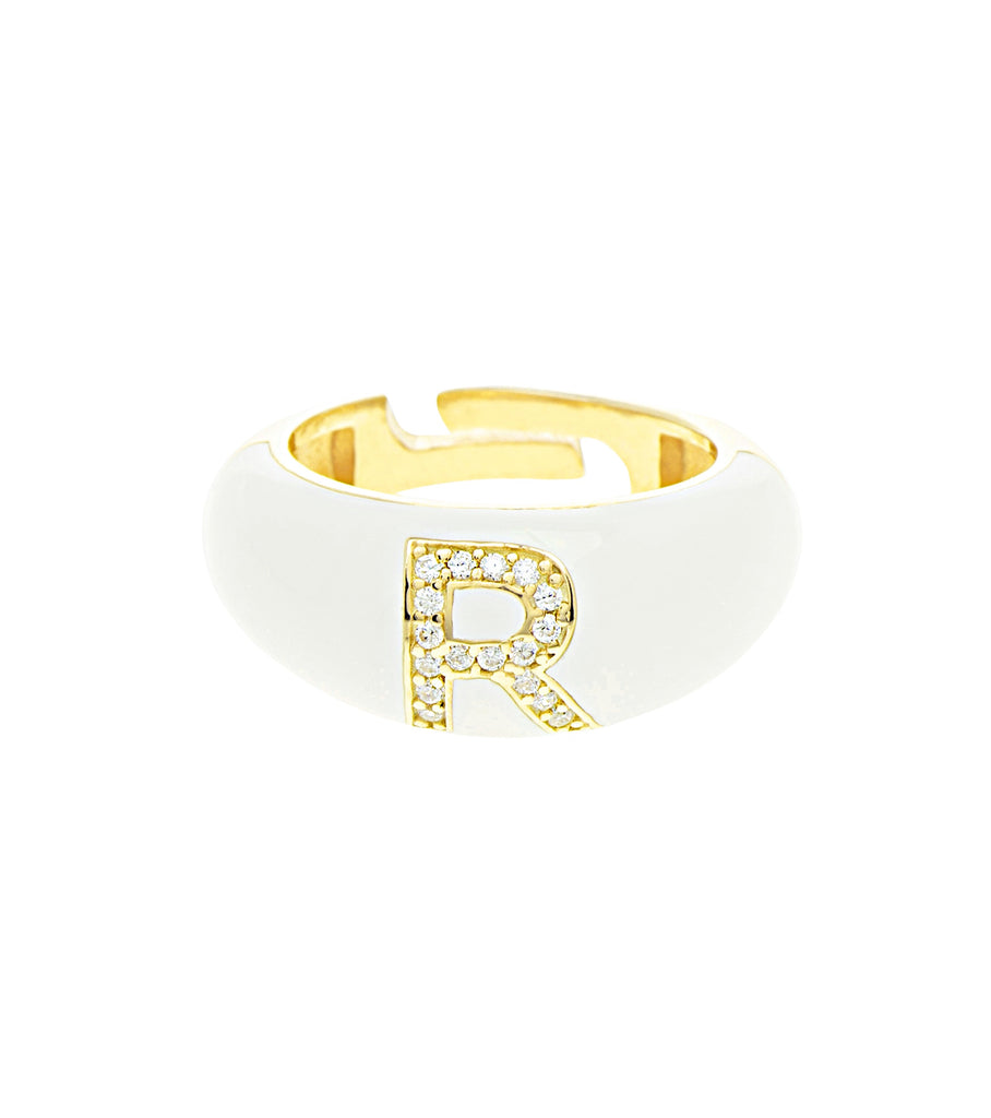 Letter R White Enamel Adjustable Ring خاتم قابل للتعديل مزيّن بمعدن المينا أبيض وزركون حرف أجنبي R